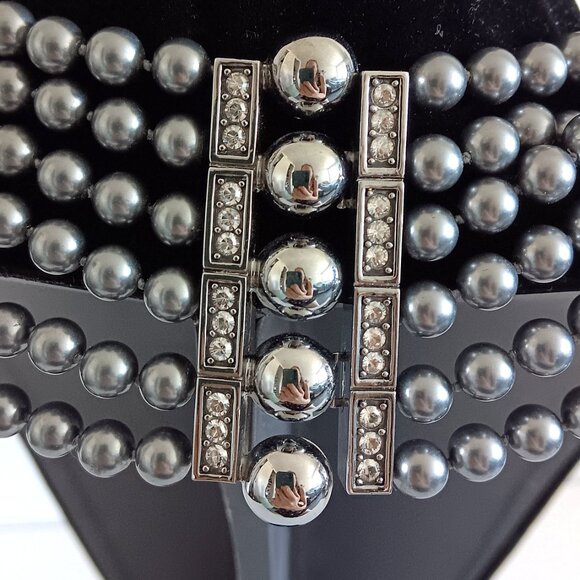 St. John Dark Gray 6 Strand Faux Pearl Rhinestone Silver Tone Necklace - Picture 2 of 3